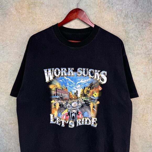 Y2K Work Sucks Lets Ride Biker T Shirt Sz XL Black Cabot Trail Canada - Picture 2 of 6